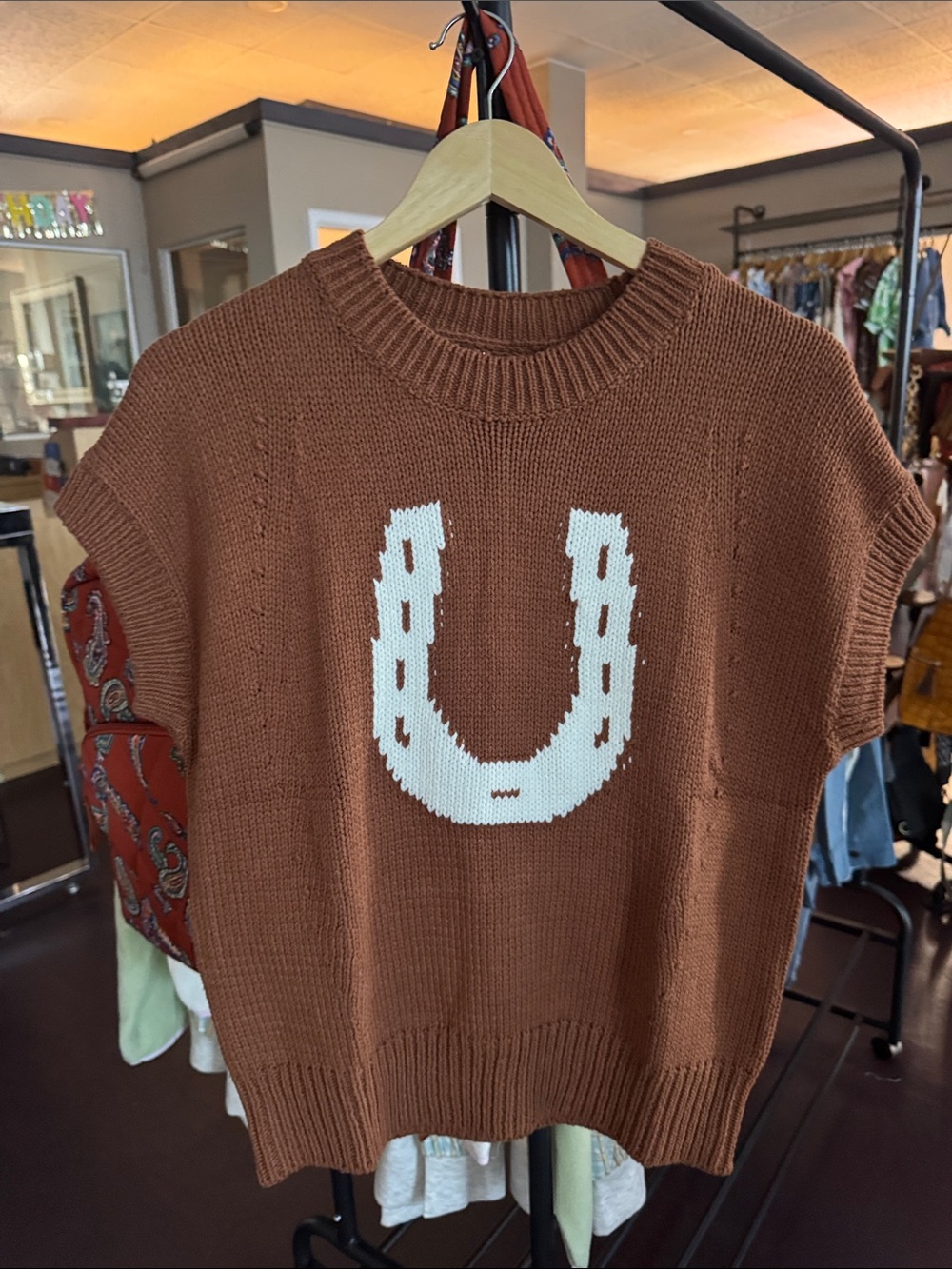 Rust Brown Knit Sweater Vest with White U Accent